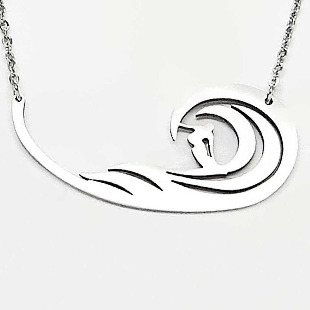 Necklace Surfer Ocean Wave Scene Stainless Steel 18"